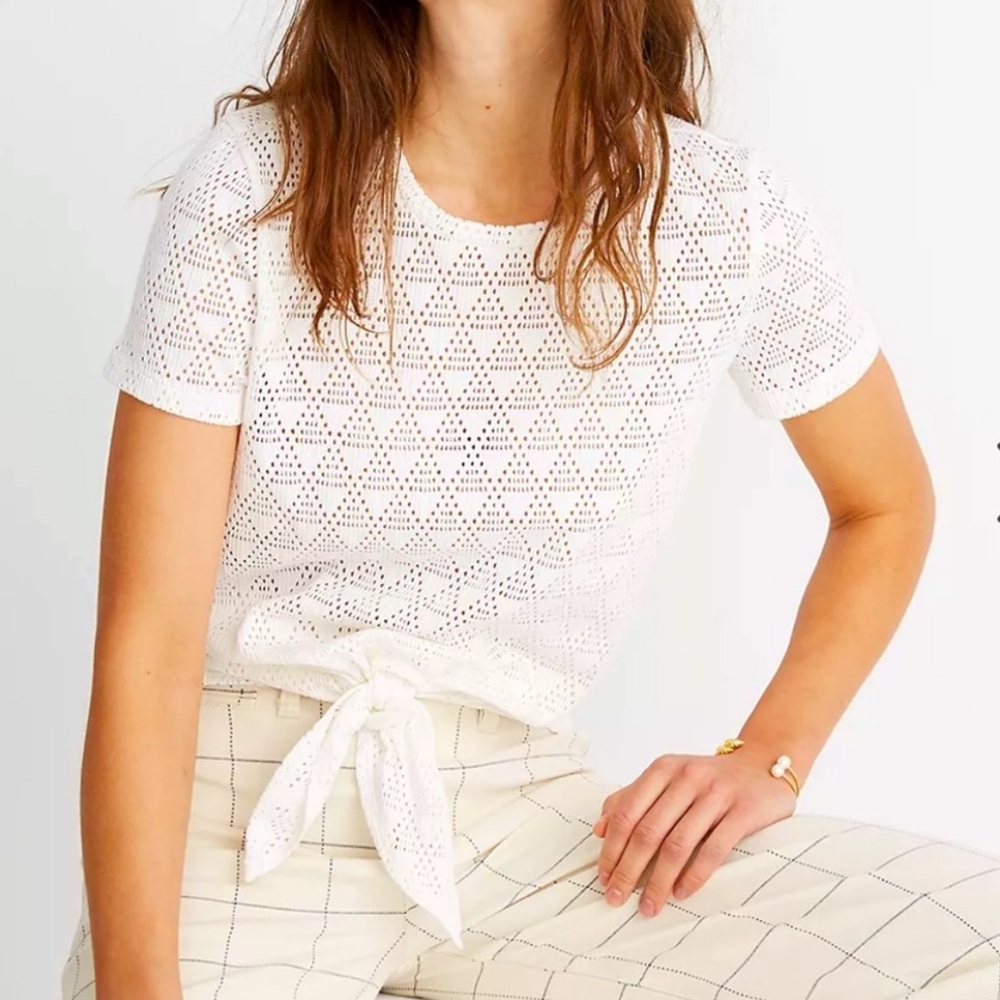 Madewell White Geo Eyelet Tie-Front Top